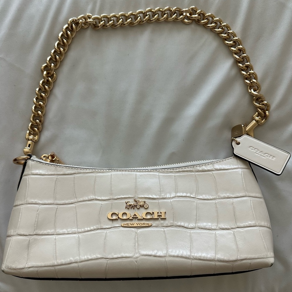 Coach Charlotte Shoulder Bag White/Cream Croc Embossed with Gold Hardware